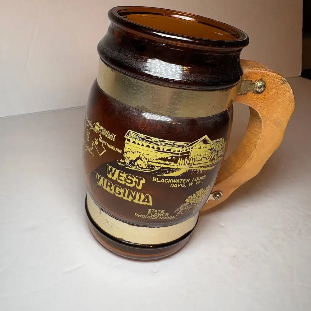 Vintage West Virginia Souvenir Brown Glass Barrel Mug Wood Handle Greenbrier